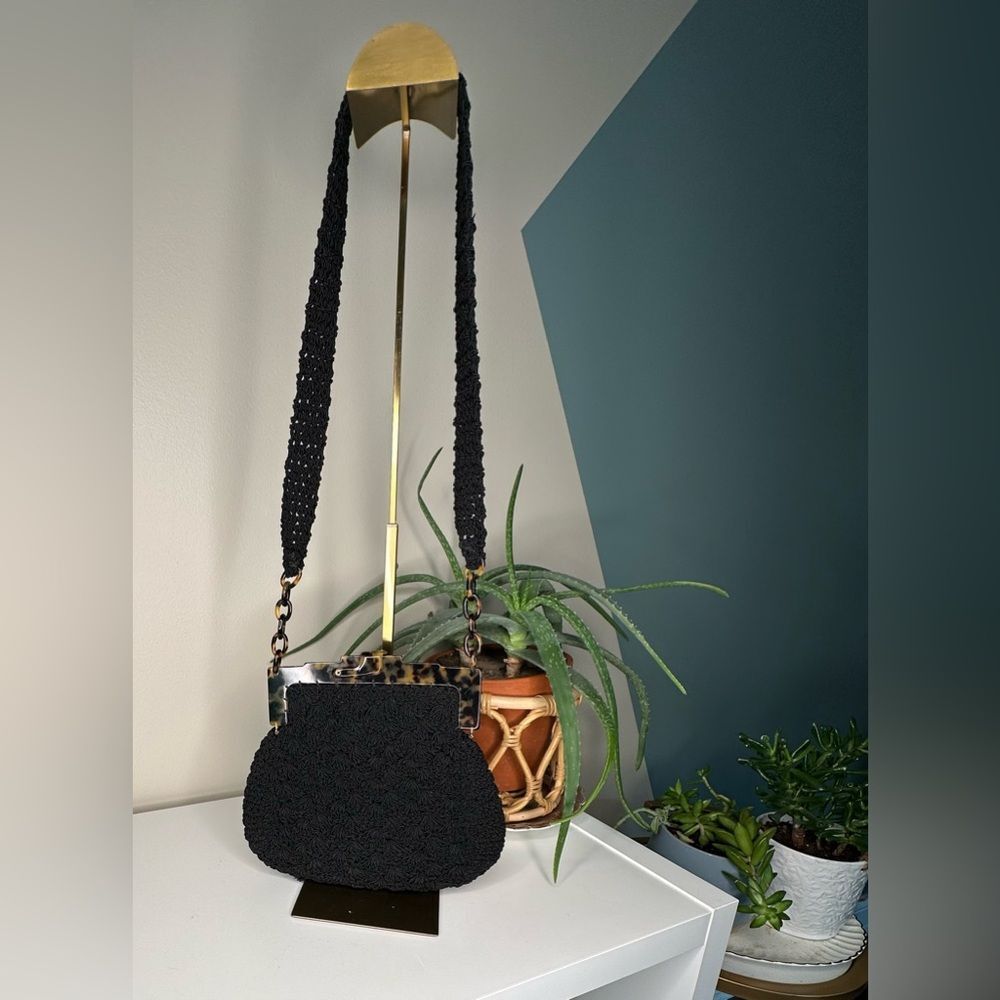 Vintage Marilyn Pivnick Black Knit Handbag Tortoise Lucite Frame & Coin Purse - Picture 4 of 14